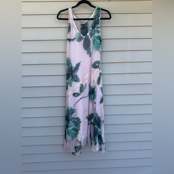 Komarov XL Crinkle Chiffon Floral Maxi Dress USA Lace Romantic Elegant - Picture 2 of 13